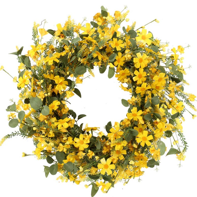 J'FLORU Artificial Spring Wreath 22 Inch Summer Wreaths for Front Door Yellow Daisy Wreath for Indoor Outdoor Home Decor and Easter Celebration - Image 1